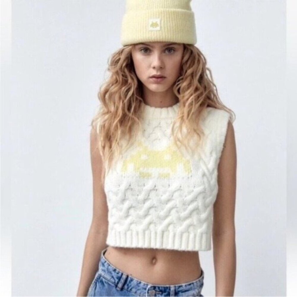 Zara Chunky Knit Y2K Sweater Neutral 90's Soft  Space Invaders Street Vintage